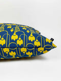 "Whispering Tulips-Mustard on Blue" 50x50cm cushion cover